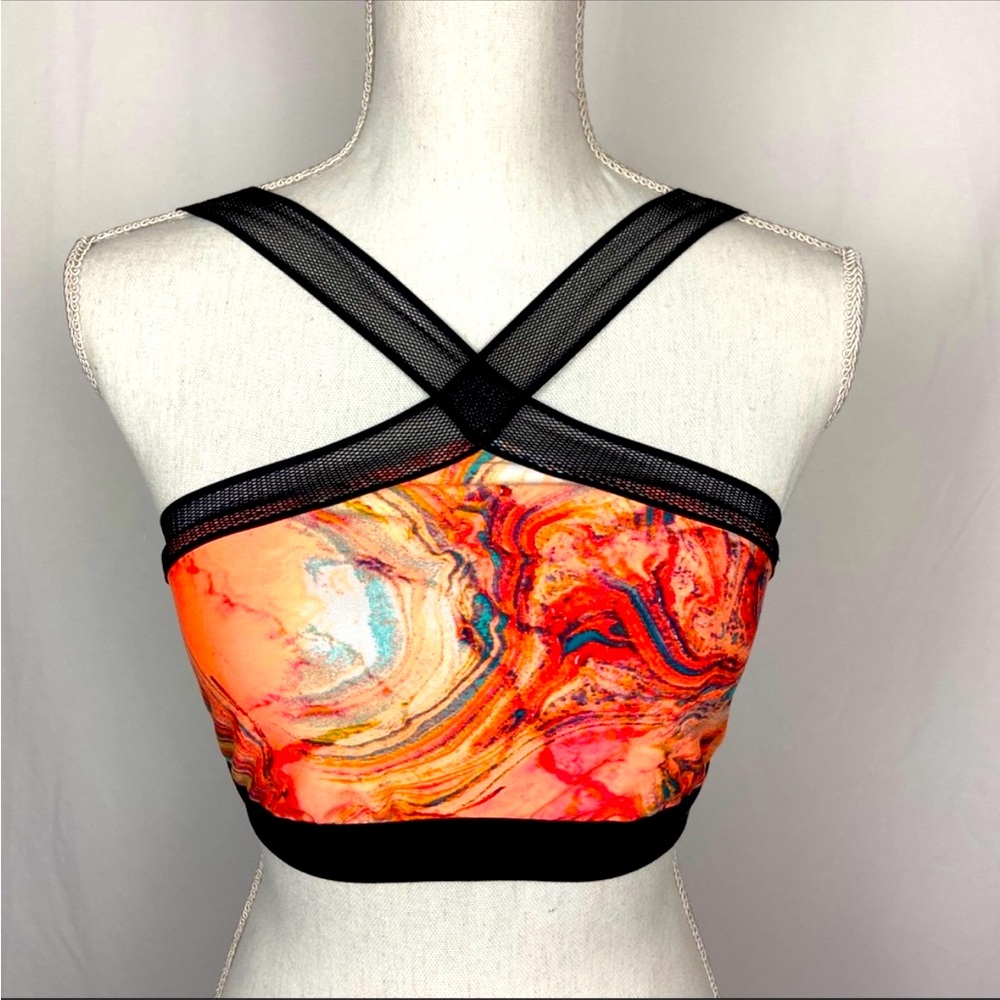 Gianni Bini Marbled Mesh Strap Sports Bra Coral M